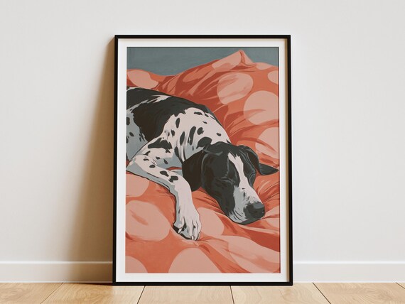 Great Dane Sleeping on Coral Bedding Modern Colorful Dog Poster