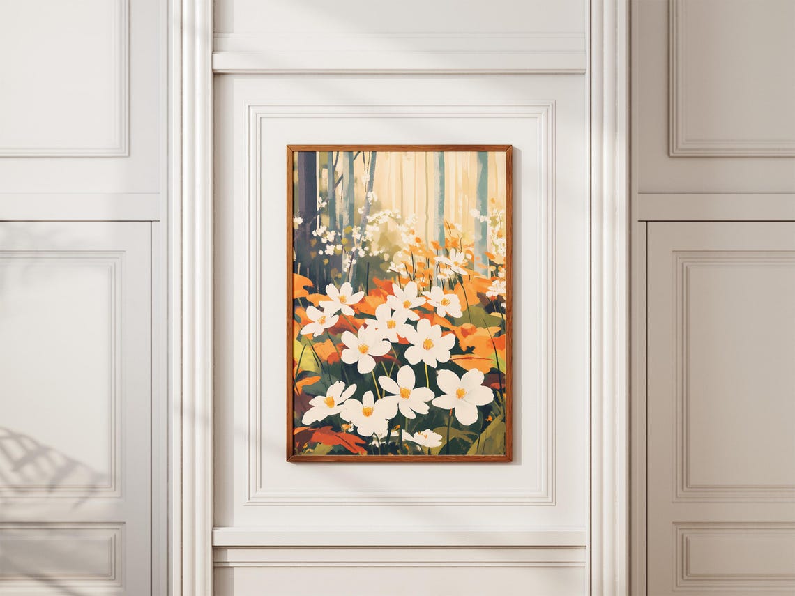 White Anemones With Orange Autumn Leaves Forest Floral Poster - Image 2