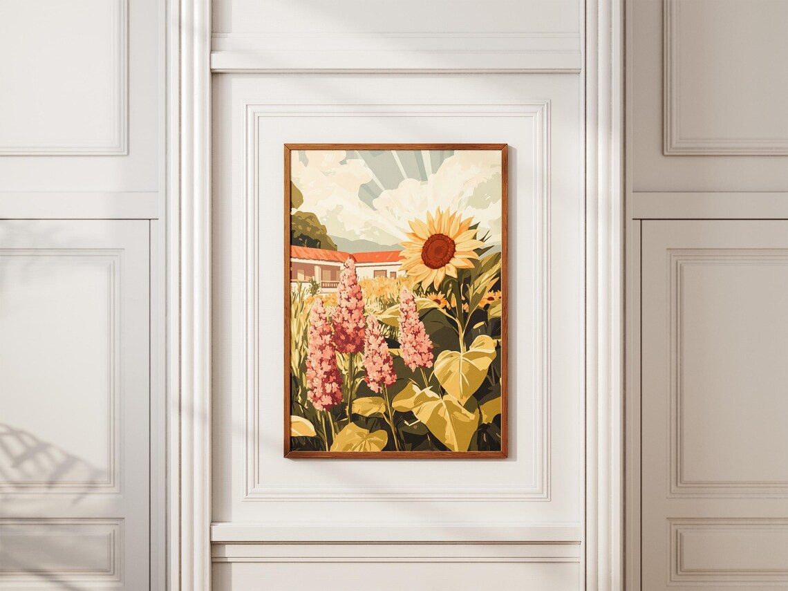 Giant Sunflower and Pink Delphiniums with Farmhouse Garden Poster - Image 2