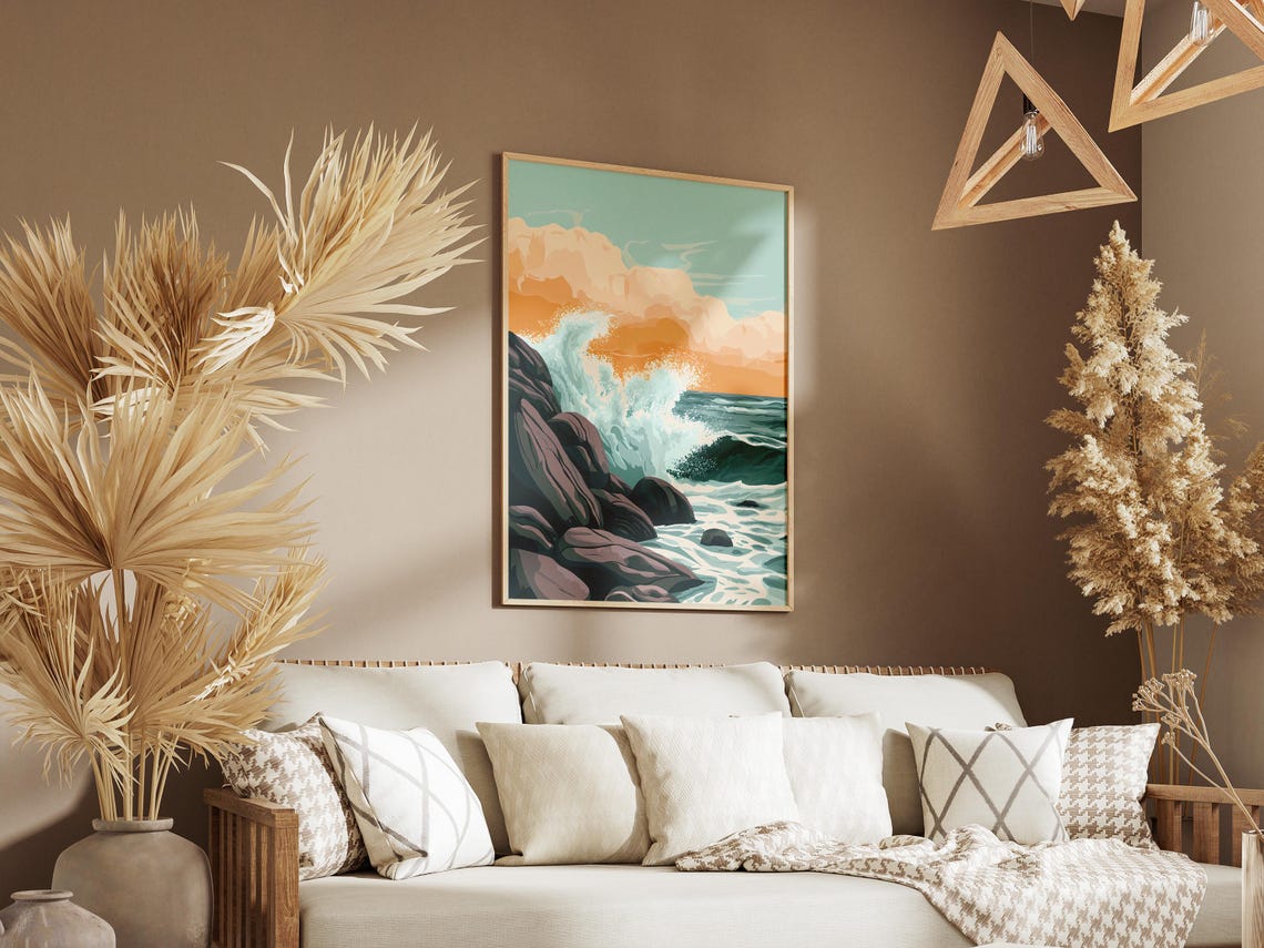 Powerful Wave Crashing on Dark Rocks Under an Orange Sunset Sky Poster - Image 3