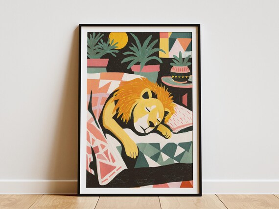 Sleeping Lion Matisse Style Gouache Cozy Patterned Couch Art Poster
