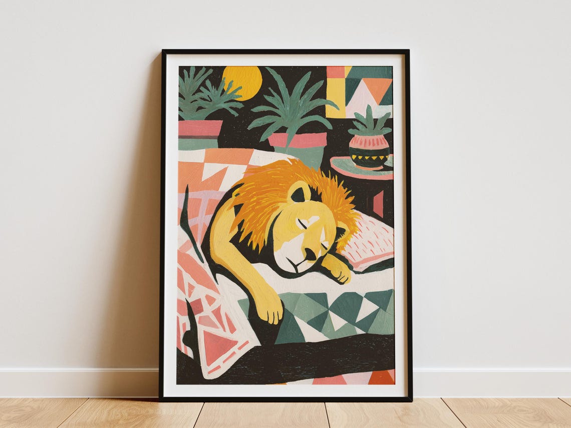 Sleeping Lion Matisse Style Gouache Cozy Patterned Couch Art Poster