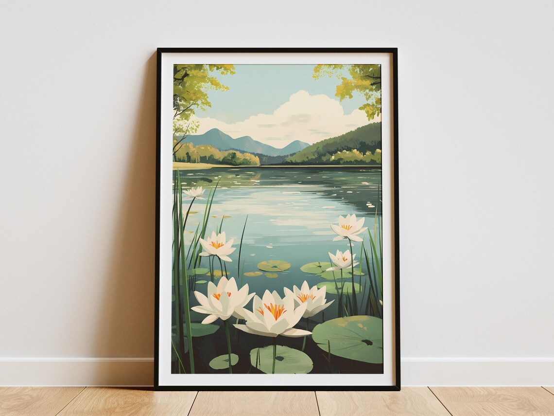 White Water Lilies On Mountain Lake Serene Botanical Art Poster