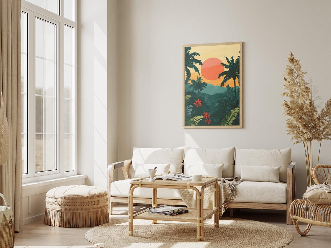 Amazon Rainforest Sunset Giant Sun Palms and Red Flowers Jungle Poster - Image 4