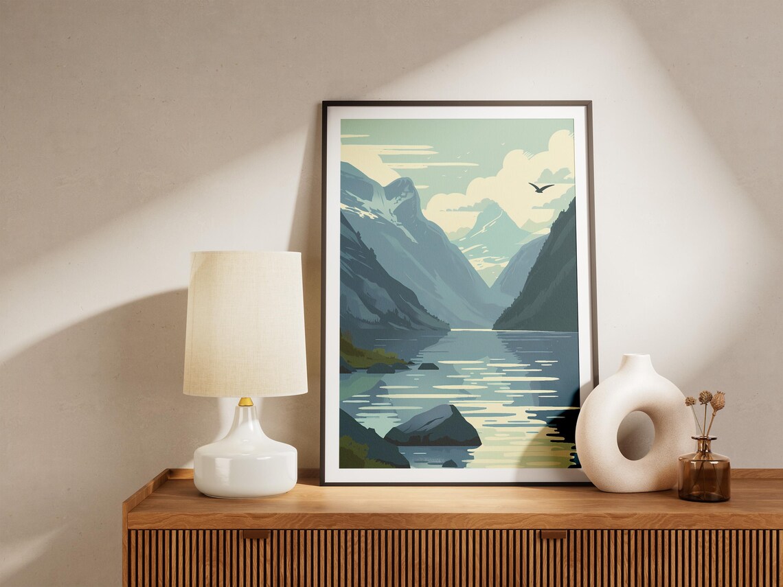 Norway Fjord Mountains Calm Water Minimalist Scandinavian Art Poster - Image 2