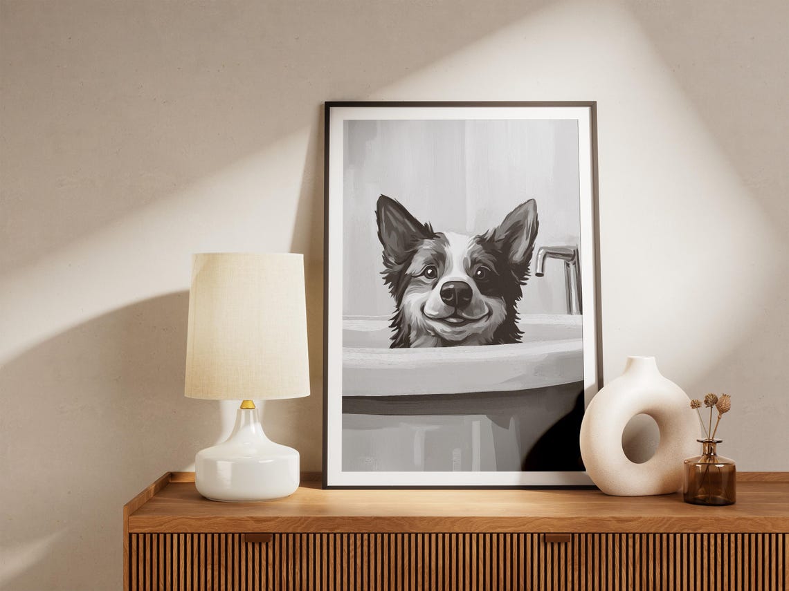Cheerful Happy Smiling Dog in Bathtub Minimalist Bathroom Poster - Image 4