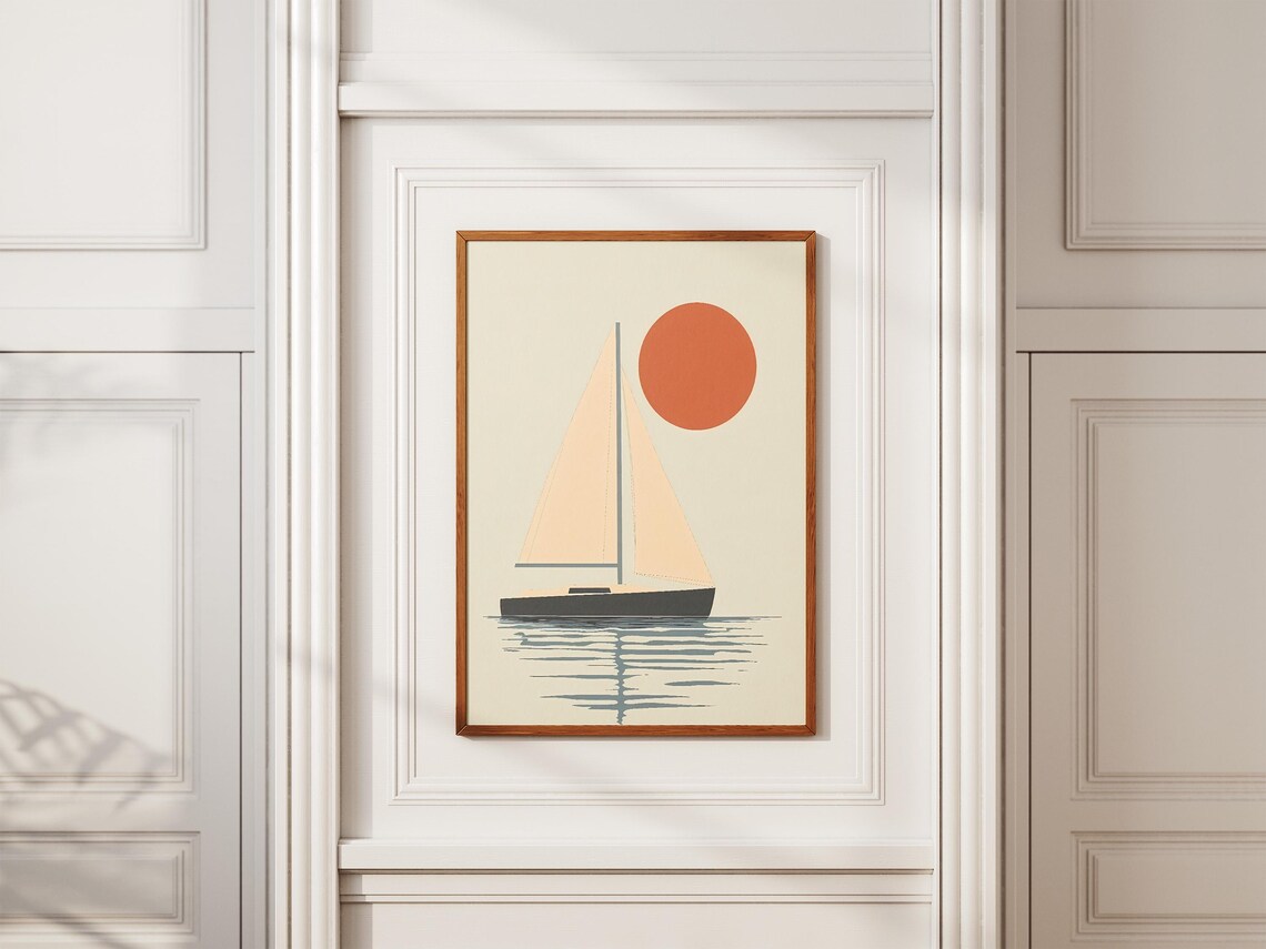 Minimalist Sailboat Drifting Under a Burnt Orange Sun Nautical Poster - Image 2