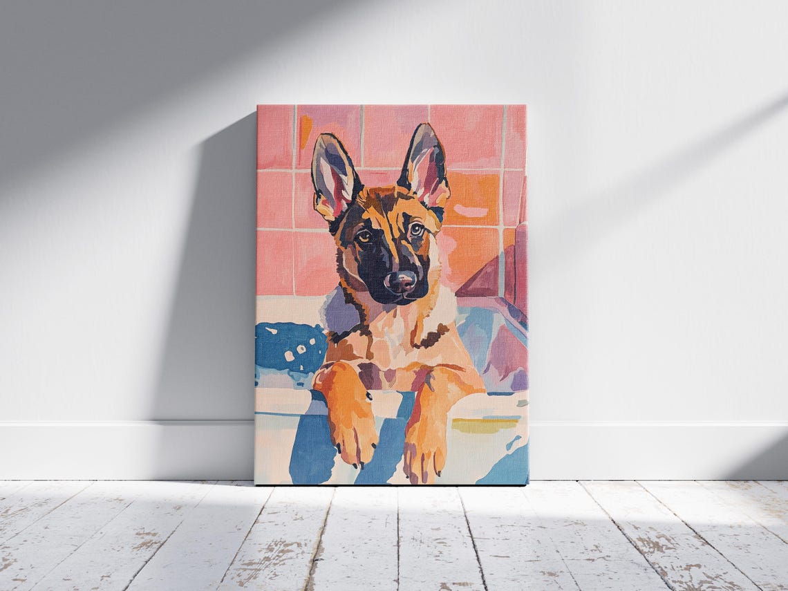 German Shepherd Puppy Bathtub Vibrant Modern Pop Art Bath Poster - Image 2