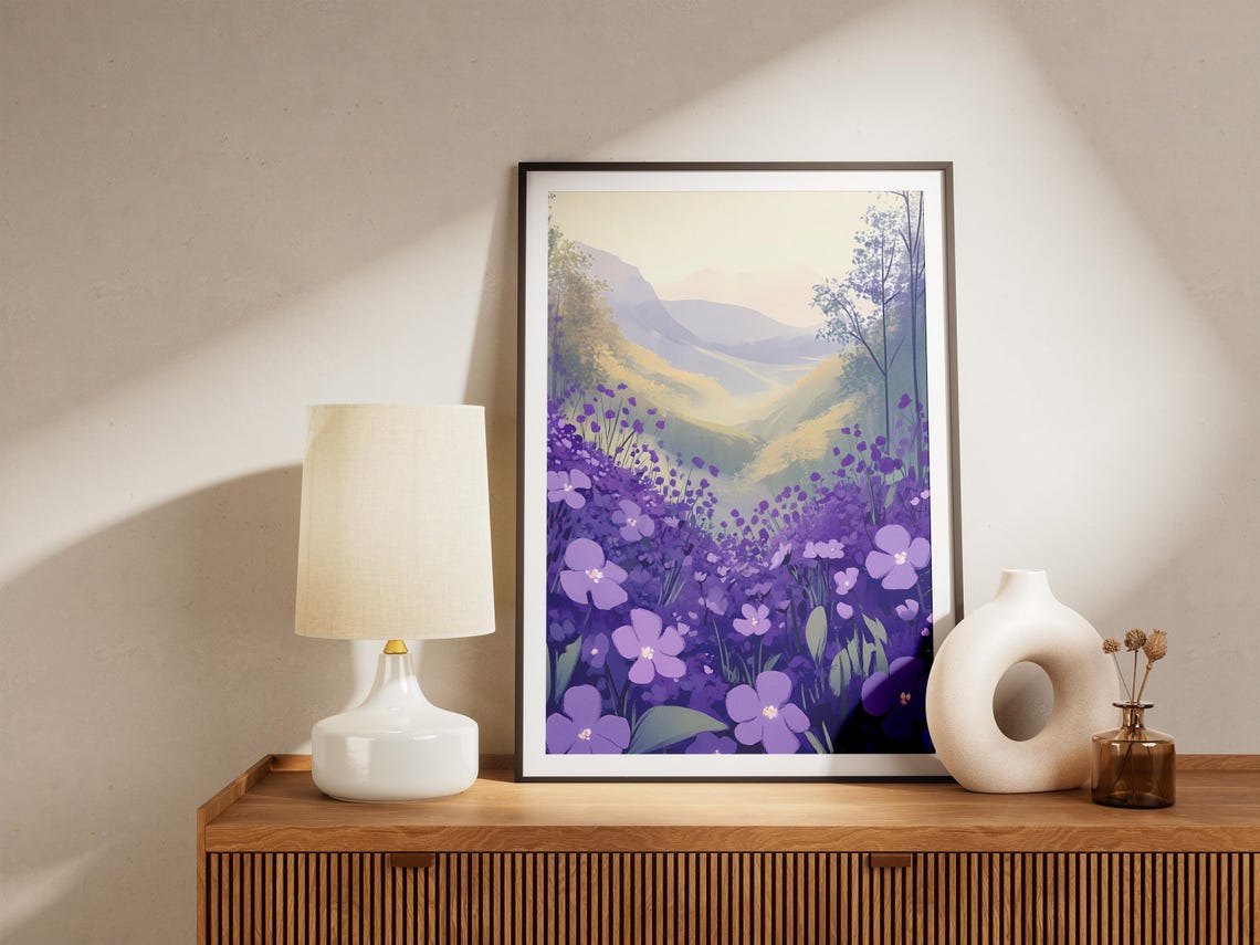 Purple Wild Violet Field in a Misty Mountain Valley Art Poster - Image 5