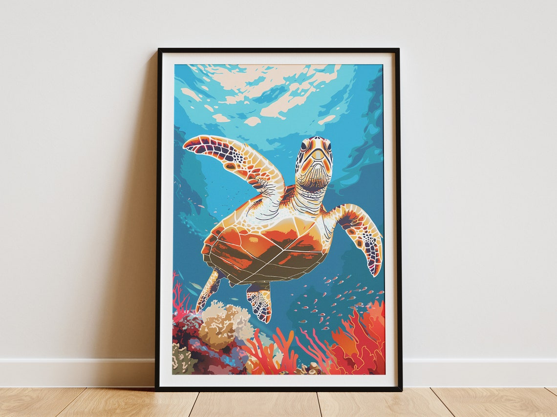 Bright Sea Turtle Gliding Over Colorful Coral Reef Ocean Poster