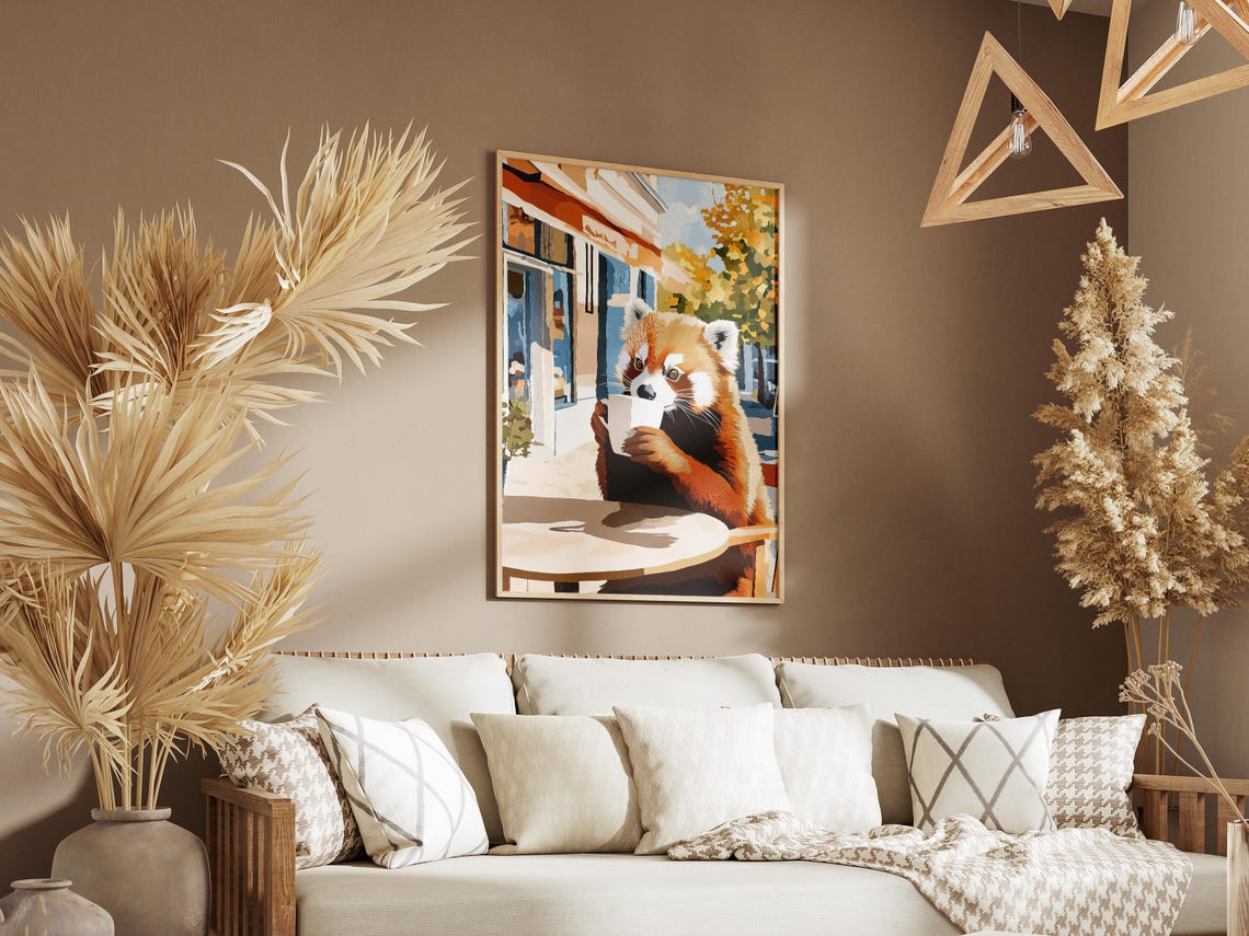 Red Panda Holding A Coffee Mug At An Autumn Cafe Terrace Poster - Image 3