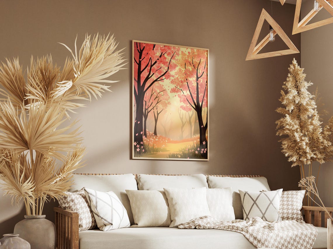 Cherry Blossom Forest Path in Golden Light With Petals Art Poster - Image 3
