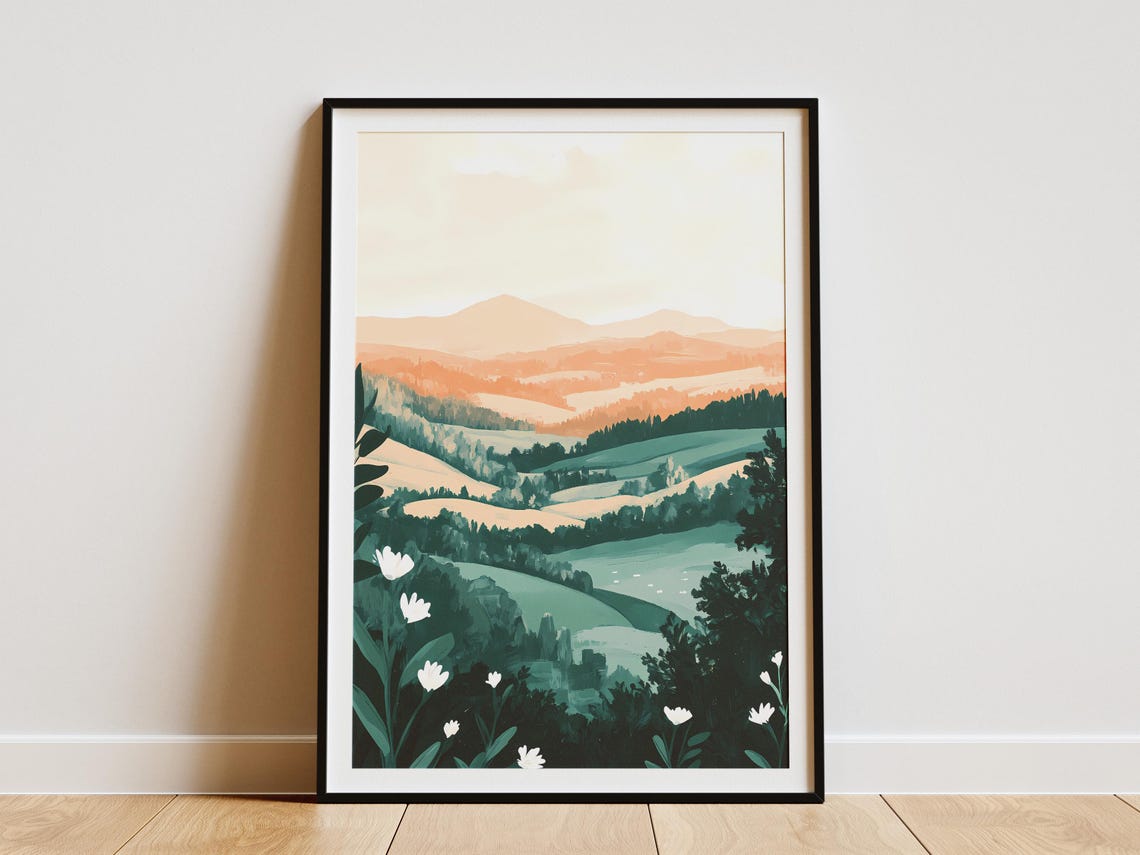 Misty Sunrise Valley With Teal Hills And White Flowers Poster