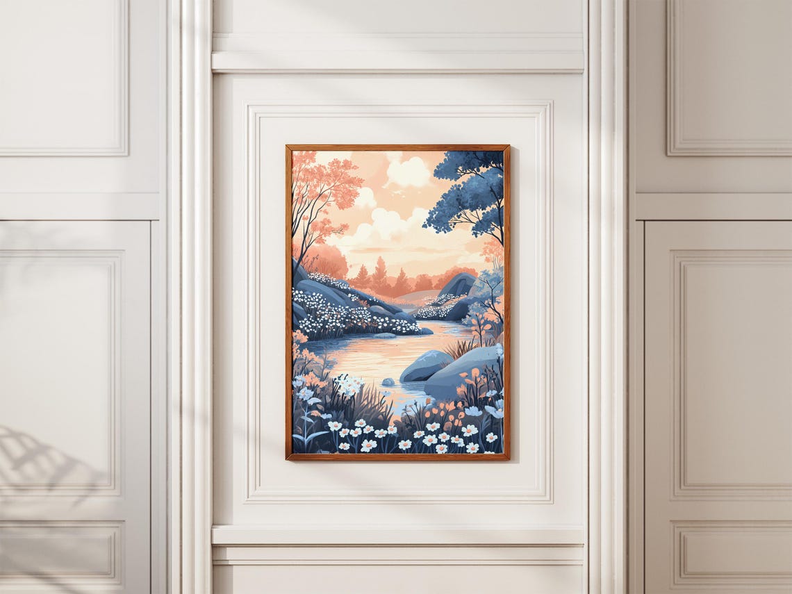 Sunrise River Valley Blue Peach Blossoms Scenic Landscape Poster - Image 2