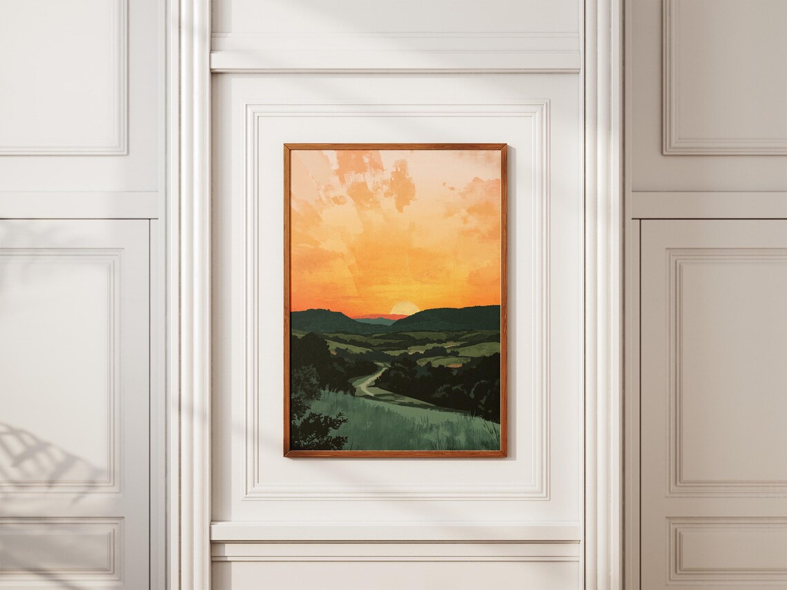 Orange Sunset Over Rolling Green Hills And Country Road Poster - Image 2