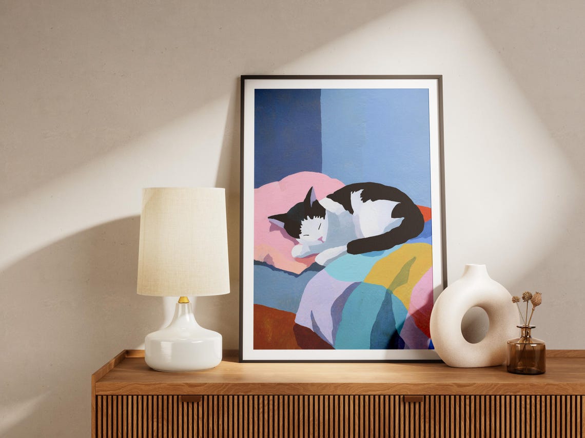 Black and White Cat Sleeping on Pastel Cushions Matisse Art Poster - Image 4