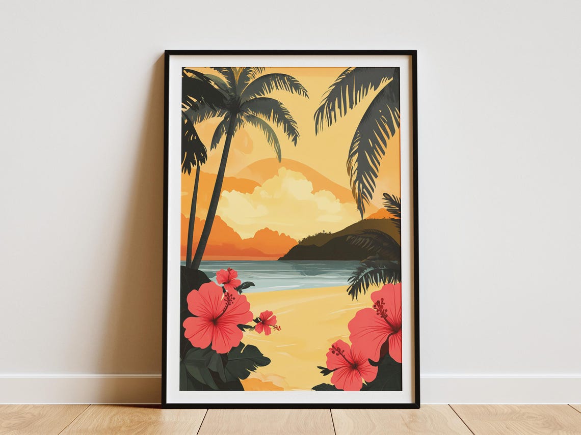 Tropical Beach Sunset Palms Hibiscus Flowers Vacation Art Poster