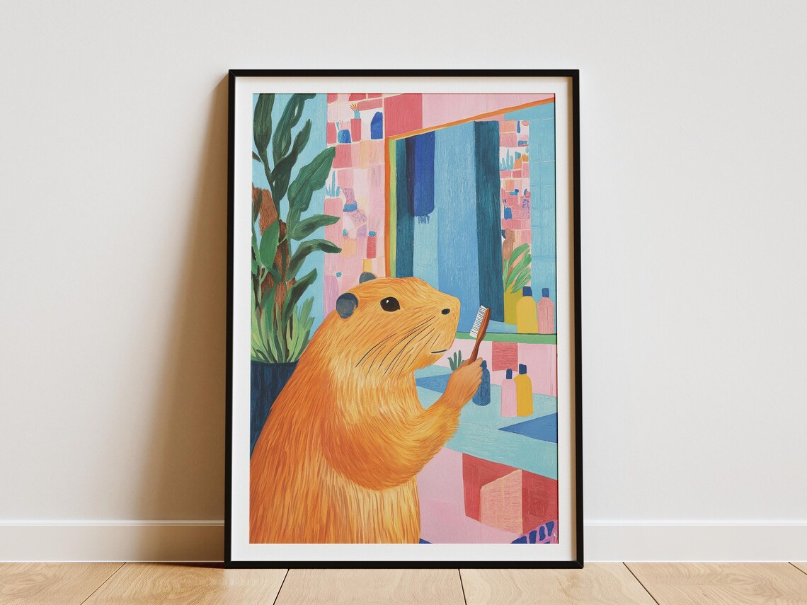 Cute Capybara Bathroom Art Print, Modern Animal Decor