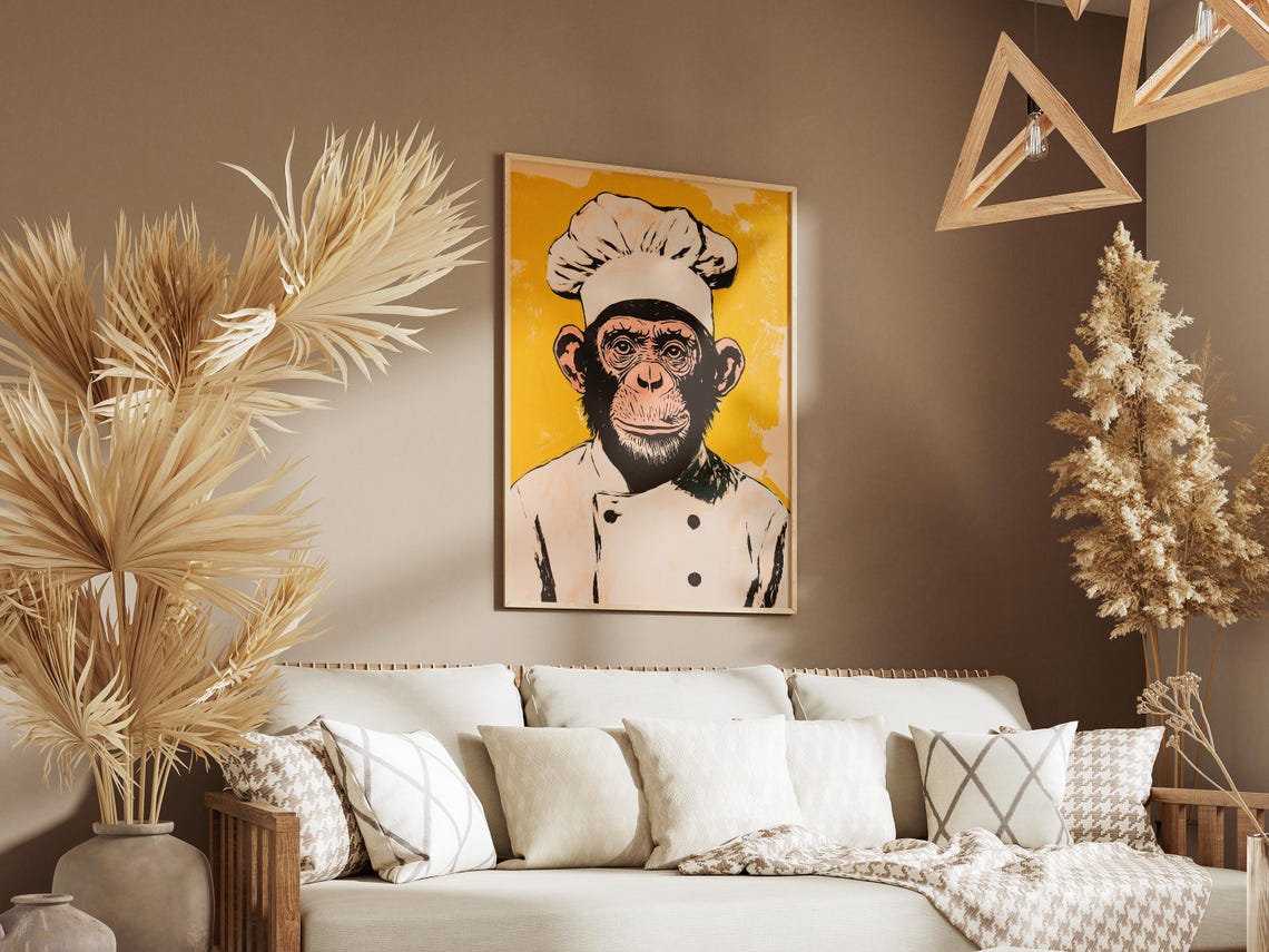 Chimpanzee Chef Art Print Funny Kitchen Decor Animal Poster Quirky Chimp Modern Monkey White Outfit - Image 3