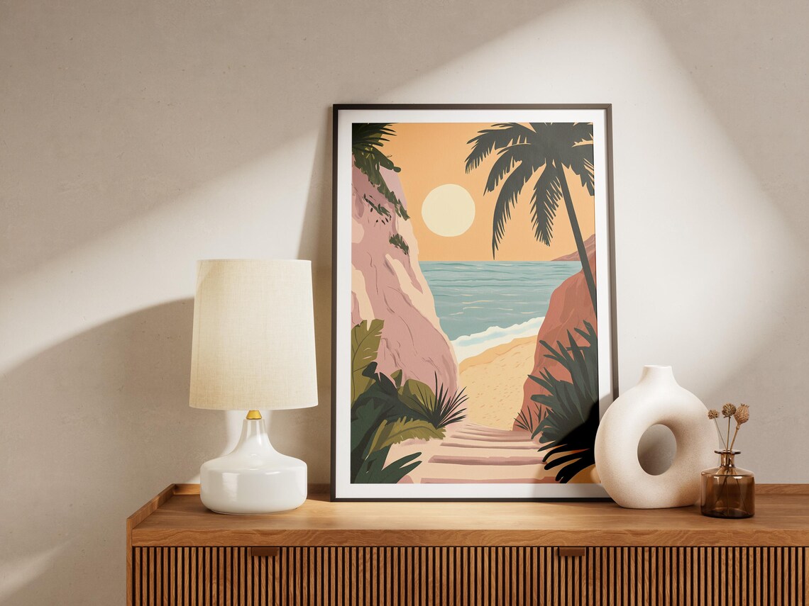 Secret Stone Stairs to Sunset Beach Cliffs Palms Coastal Wall Art - Image 4