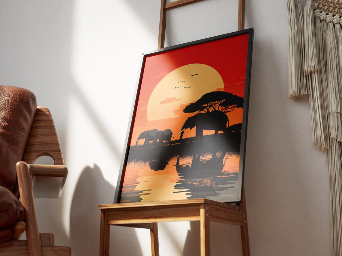 Botswana Safari Elephants Sunset Silhouette Wildlife Art Poster - Image 3