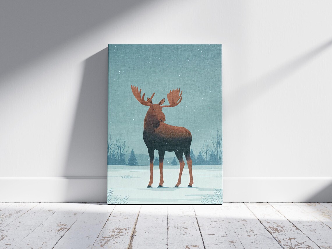 Majestic Moose Standing in a Snowy Forest Under Falling Snow Art Poster - Image 2