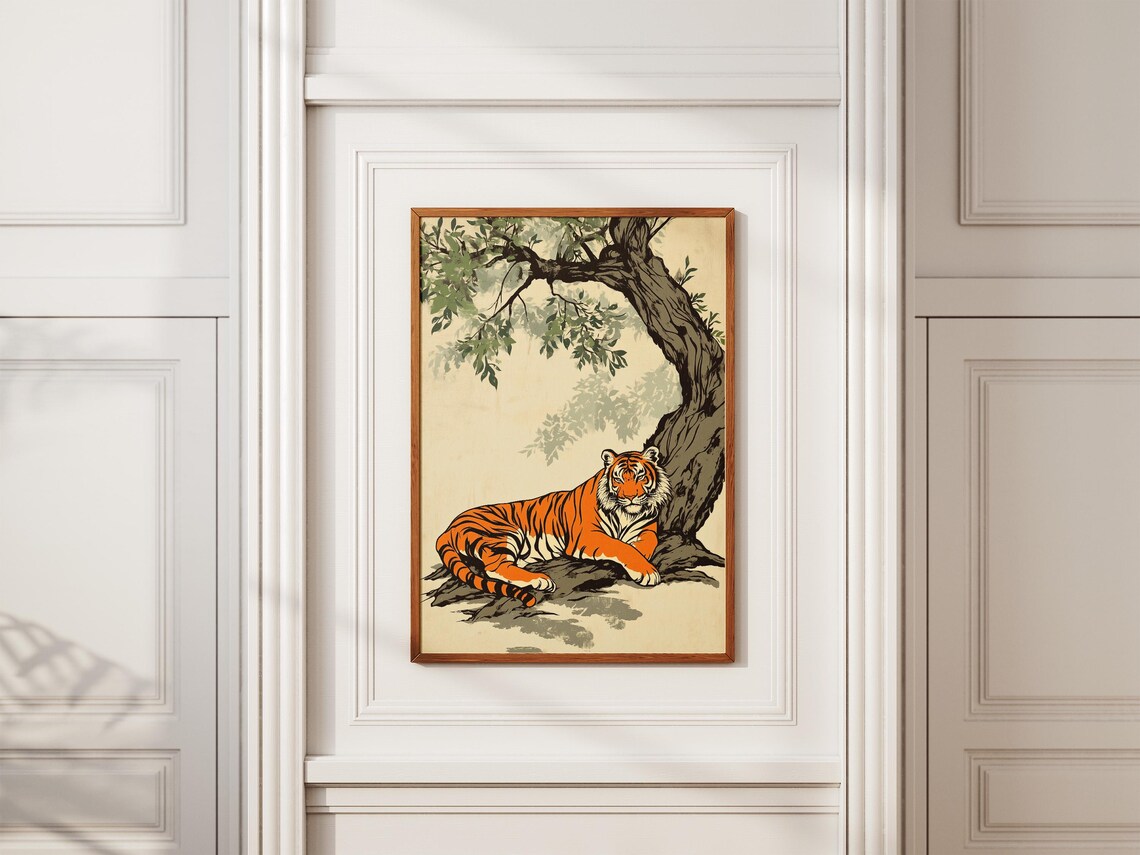 Orange Tiger Resting Under Banyan Tree Japanese Style Art Poster - Image 2