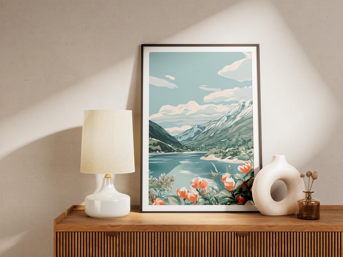 Turquoise Alpine Lake With Orange Tulips Beneath Snowy Peaks Poster - Image 5