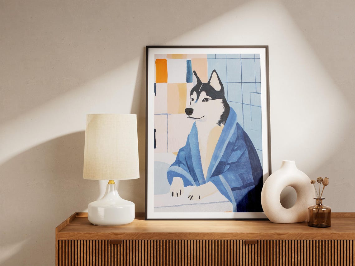 Husky Dog in Blue Bathrobe Matisse Style Modern Bathroom Art Poster - Image 4
