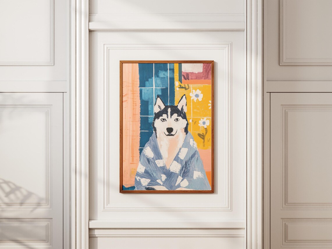 Stylish Husky In Blue Checkered Bathrobe Colorful Dog Wall Poster - Image 2