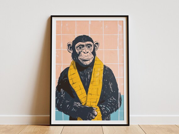 Chimpanzee In Bathrobe Bathroom Painting Modern Art Print Animal Poster Home Decor Funny Ape Wall Art