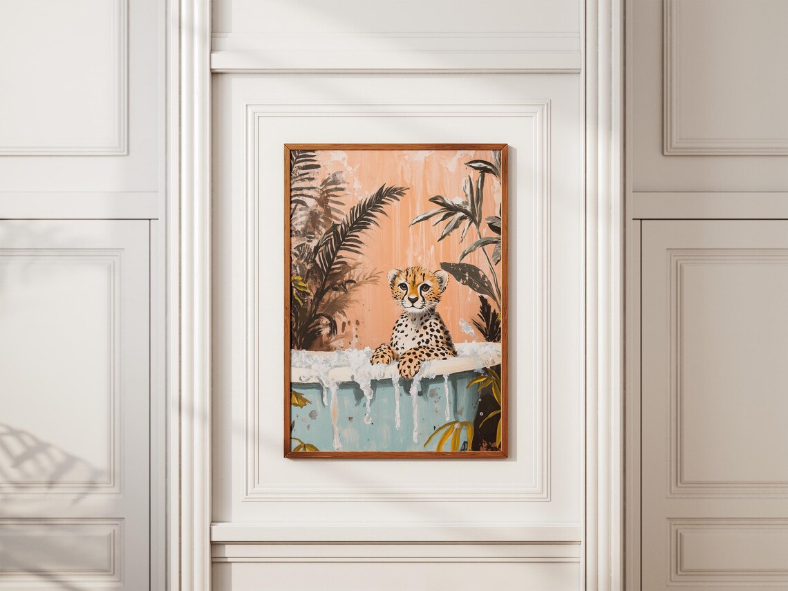 Baby Cheetah in Bubble Bath Tropical Bathroom Cute Animal Poster - Image 2