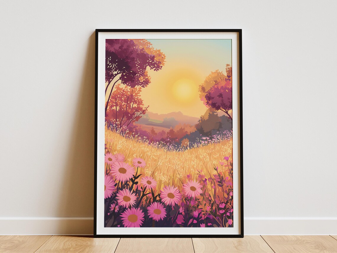 Pink Cosmos Flower Meadow at Golden Sunset Poster With Field Trees