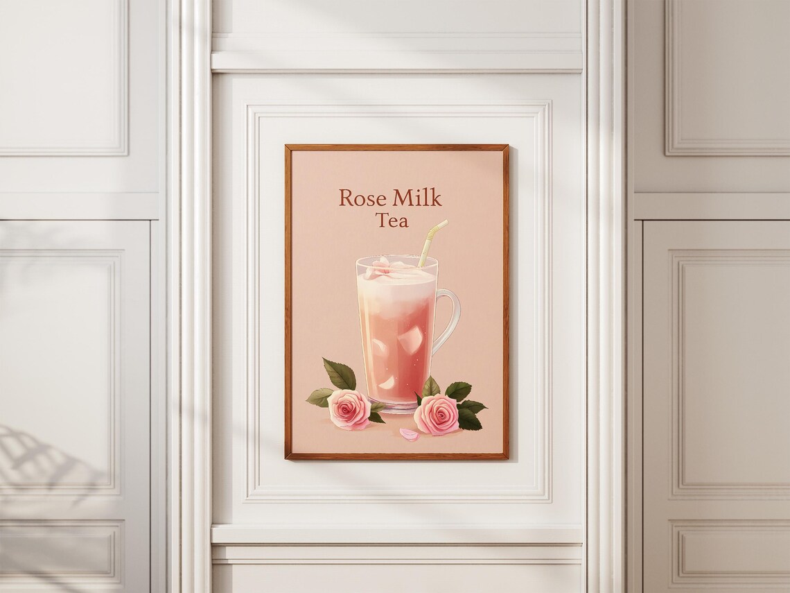 Iced Rose Milk Tea Glass Straw Roses Cute Pink Kitchen Art Poster - Image 2