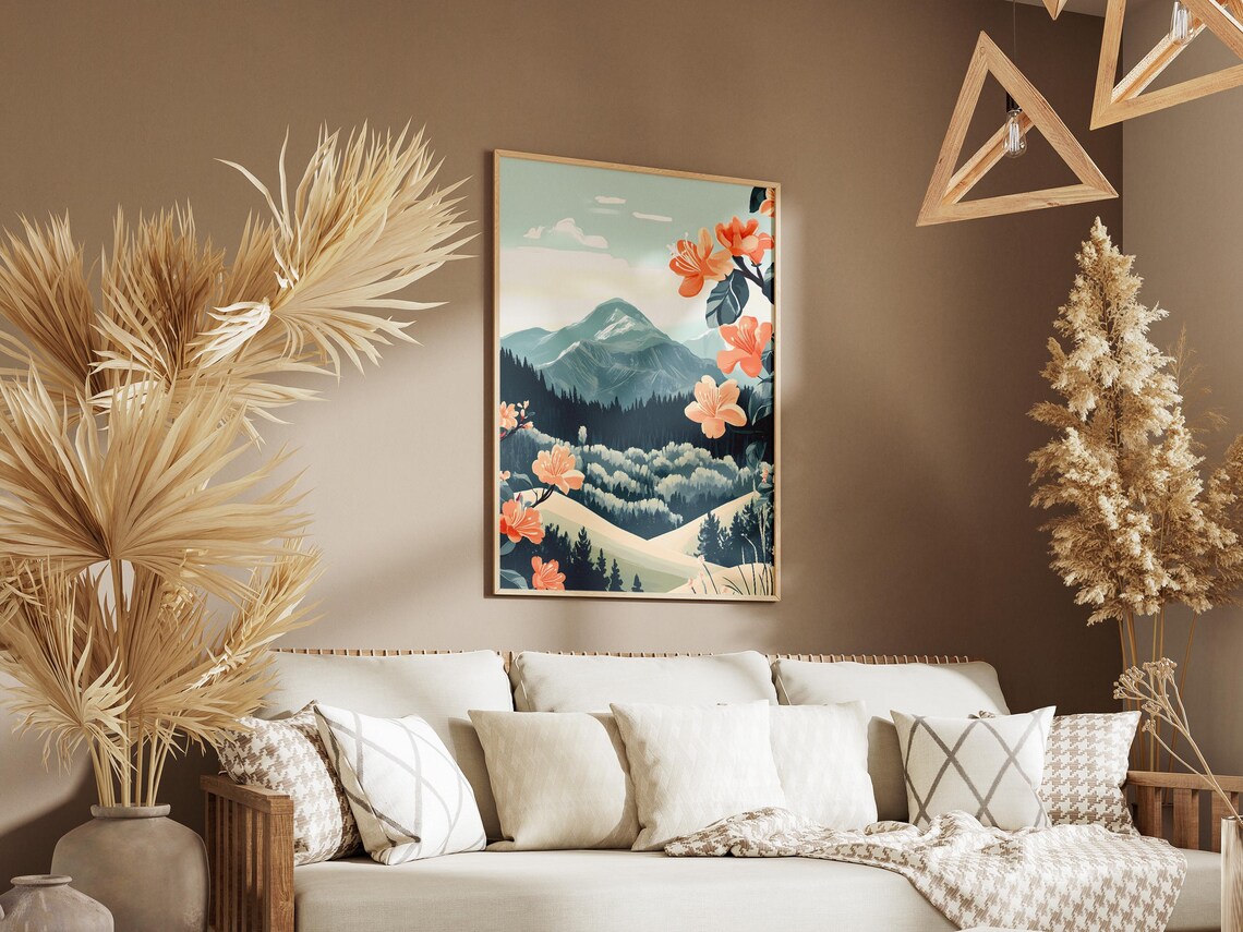 Mountain Azaleas Blooming Above Snowy Forest Slopes Landscape Poster - Image 3
