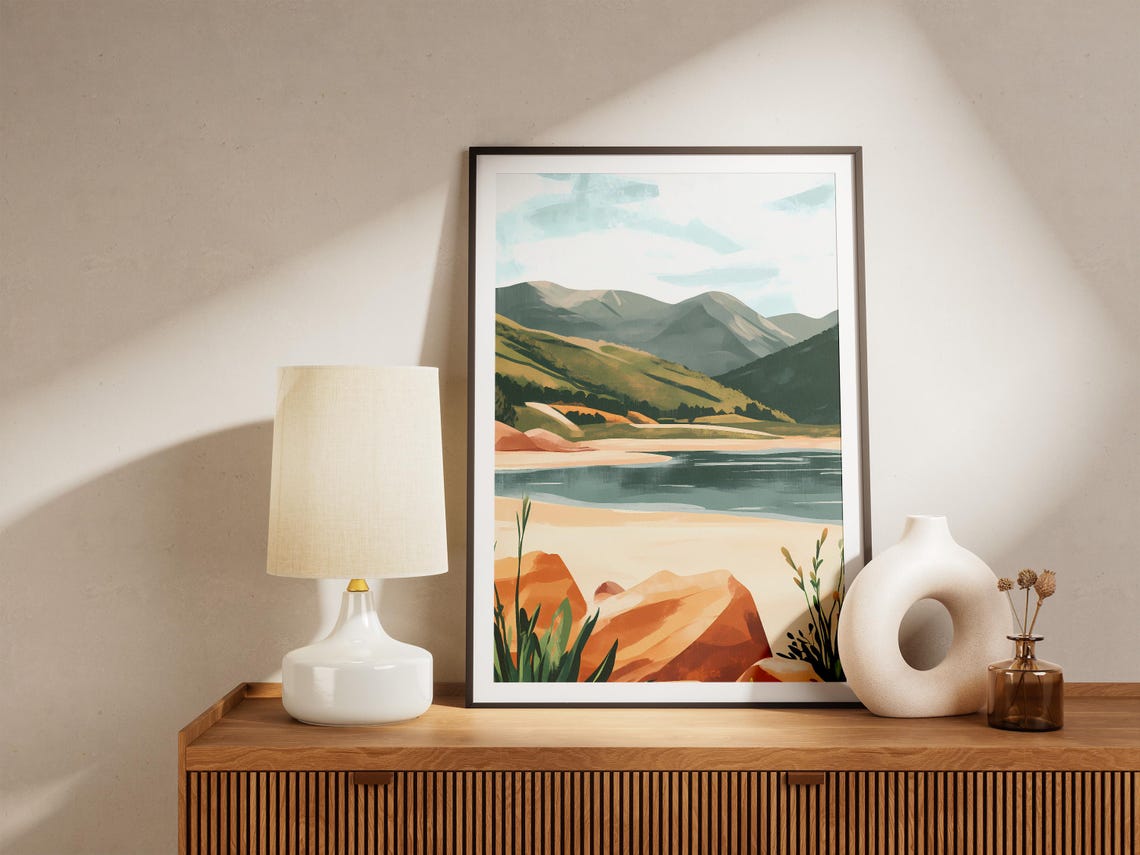Mountain Lake Shore With Orange Rocks Summer Scenery View Poster - Image 5