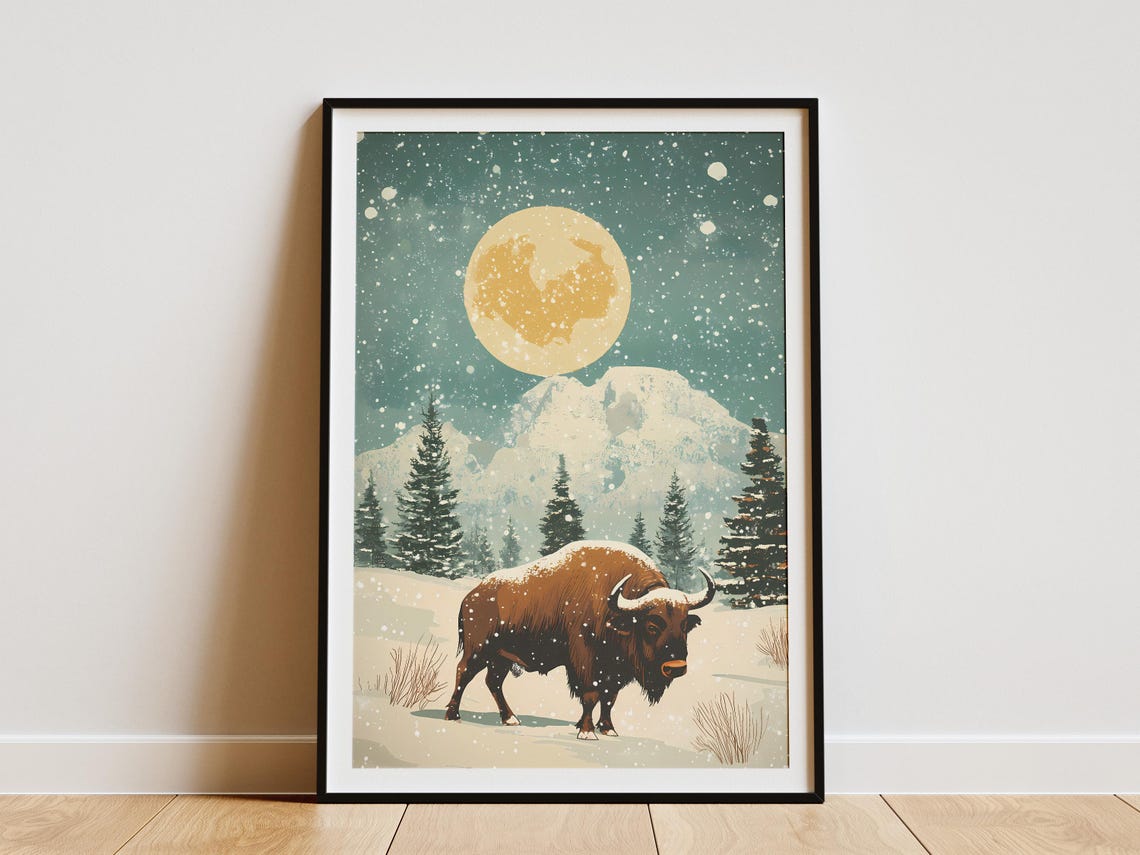 Bison Walking in Falling Snow Under a Giant Glowing Moon Poster