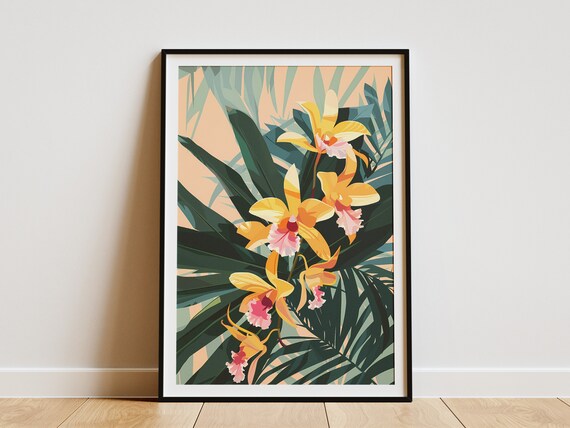 Tropical Orchid Flower Print Botanical Wall Art Yellow Floral Poster Minimalist Boho Home Decor