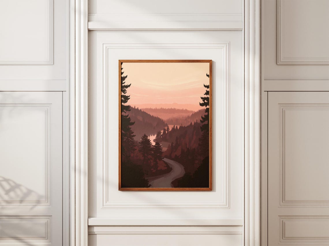 Redwood Forest Winding Road at Pink Misty Sunset View Art Poster - Image 2