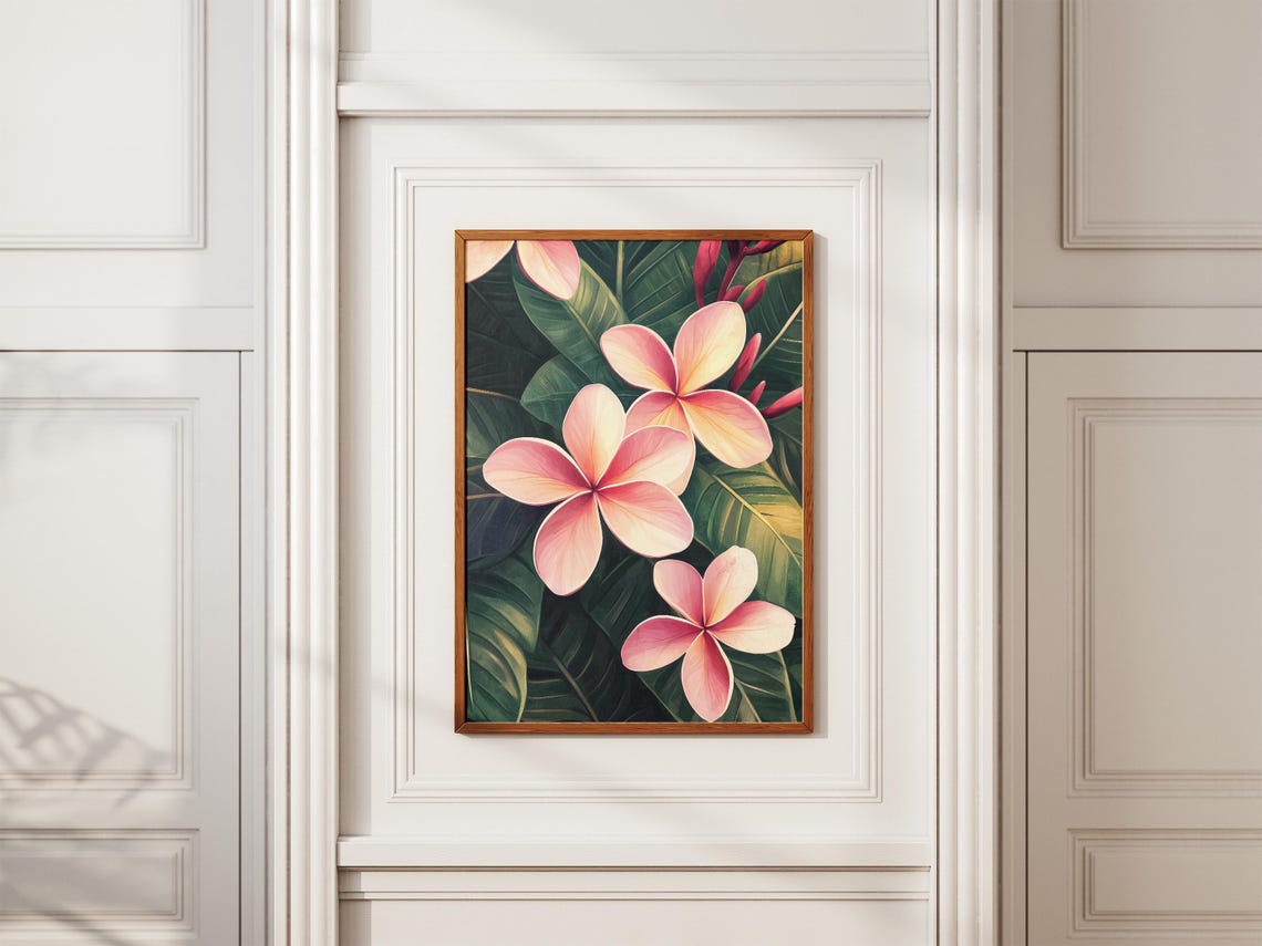 Pink Frangipani Blossoms On Dark Green Tropical Leaves Poster - Image 2