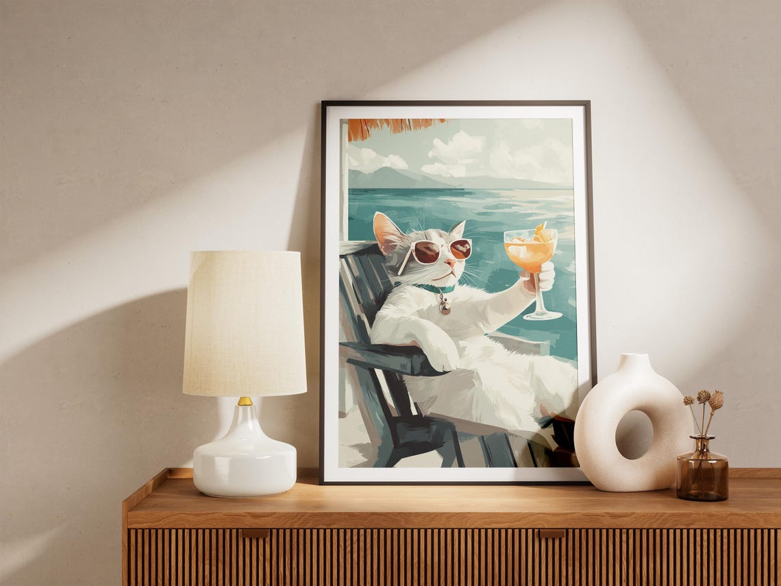 Cool White Cat in Sunglasses Holding a Cocktail at the Beach Poster - Image 5