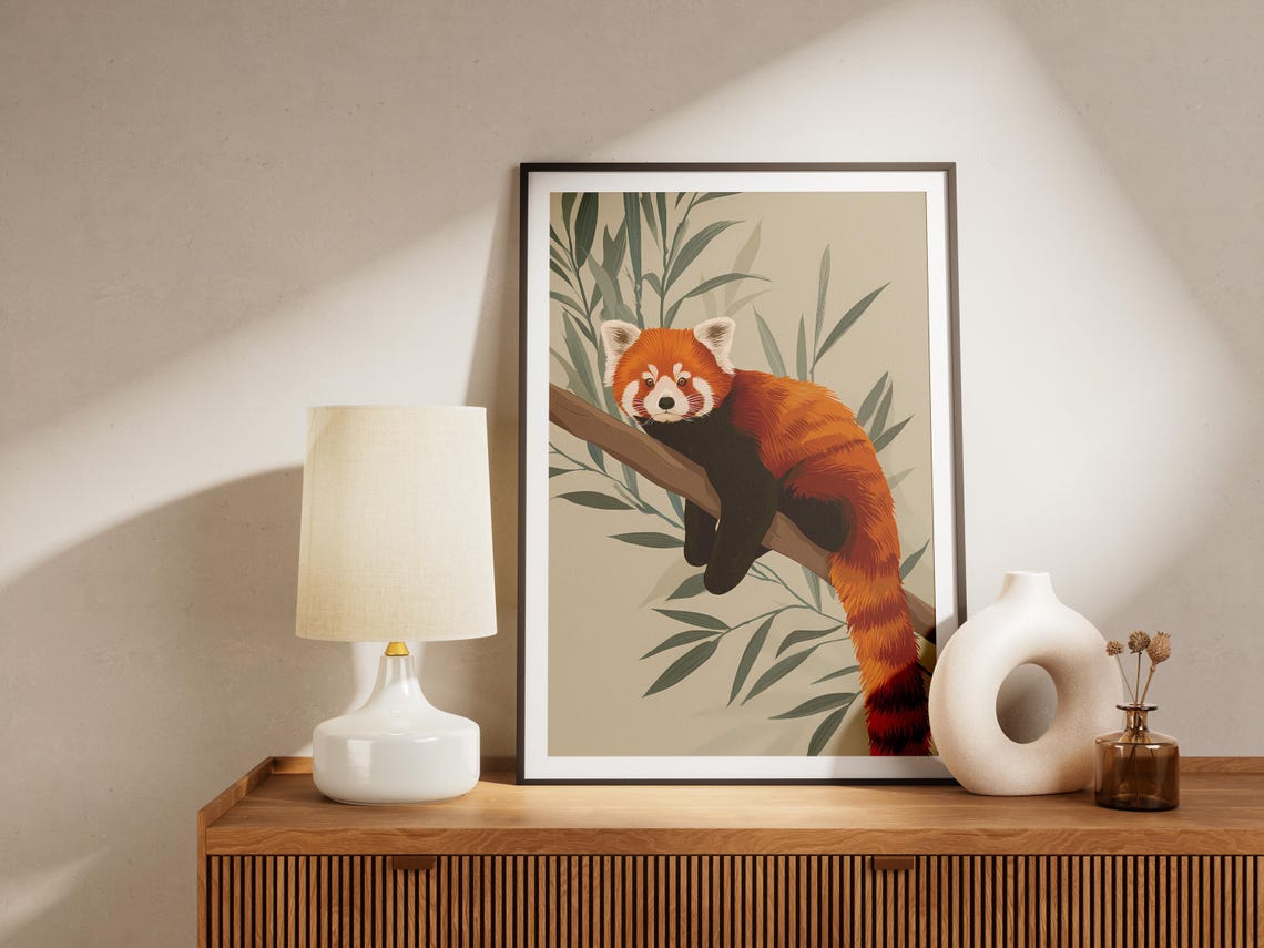 Sleepy Red Panda Relaxing On Tree Branch Minimalist Beige Poster - Image 4