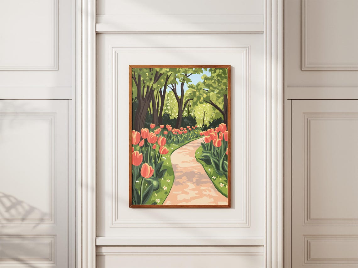 Orange Tulips Along Winding Park Pathway Spring Flower Poster - Image 2