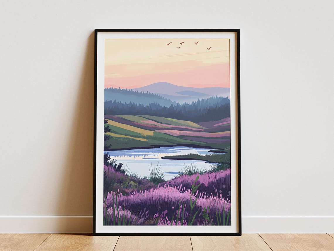 Purple Heather and Moss Hill Sunset Lakeside Scenic Art Poster