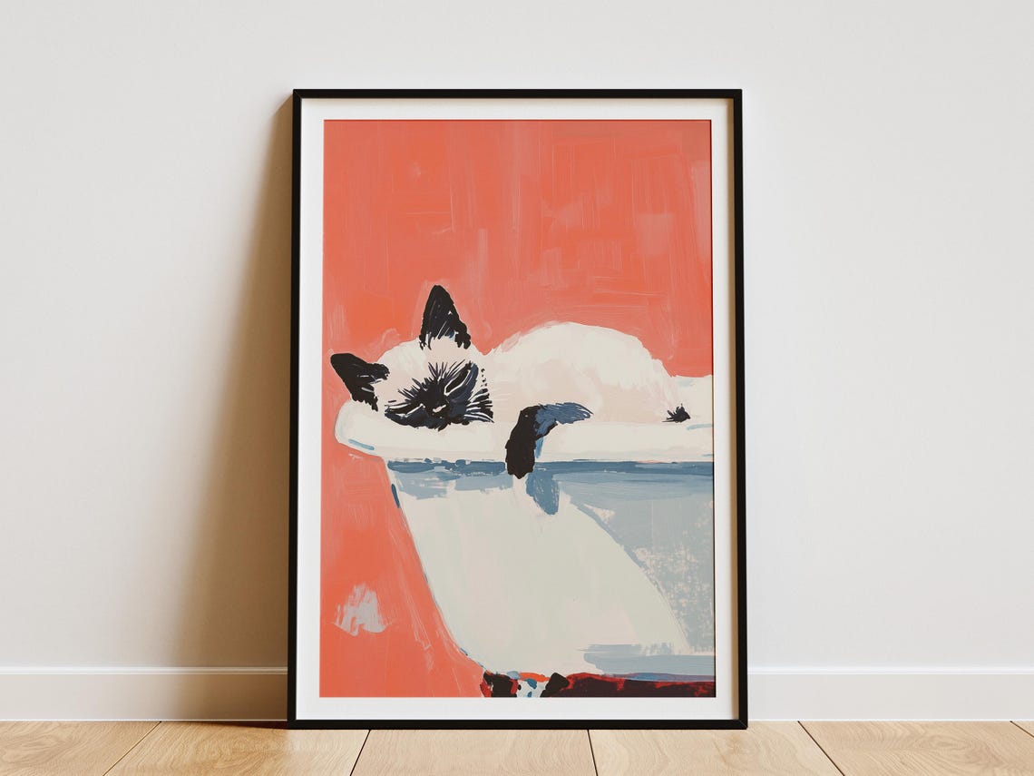 Siamese Kitten in Bathtub Art Print, Cute Cat Poster