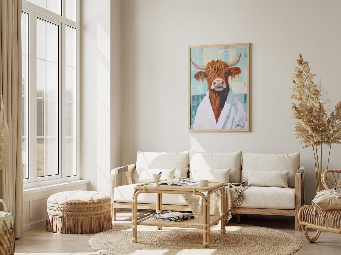 Highland Cow Wearing White Bathrobe Teal Tile Bathroom Poster - Image 4