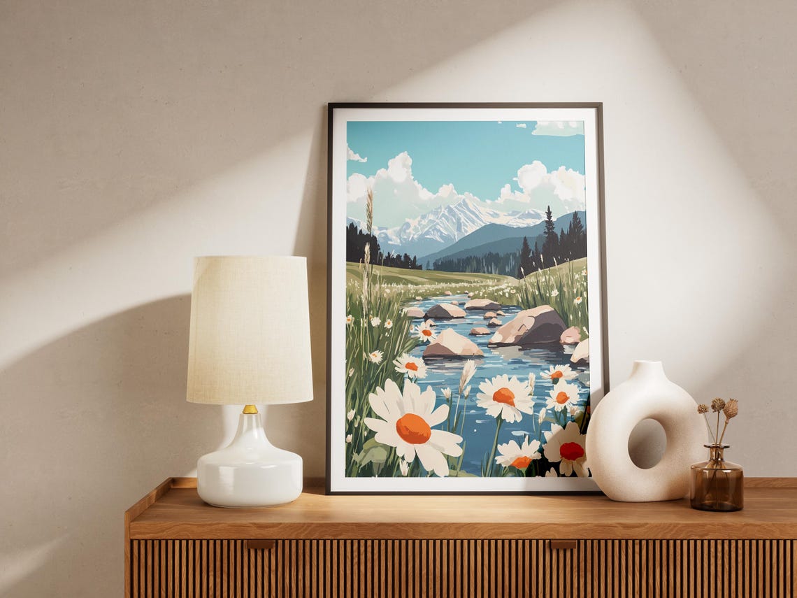 Mountain Stream With Daisies Rocky Creek Snowy Peaks Art Poster - Image 4