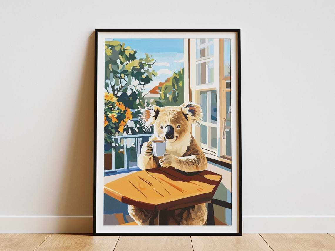 Sleepy Koala Holding a Coffee Cup at Sunny Cafe Window Poster