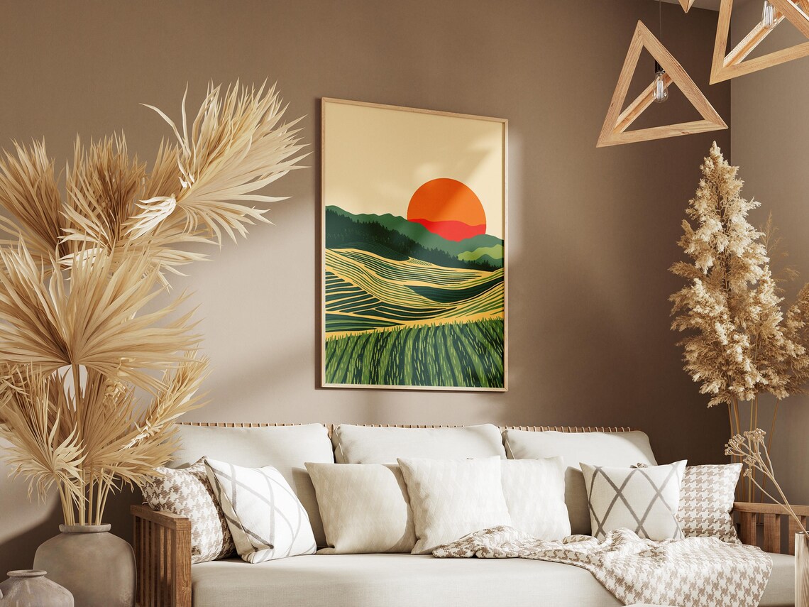 Sunrise Over Green Terraced Hills With Bold Orange Sun Poster - Image 3