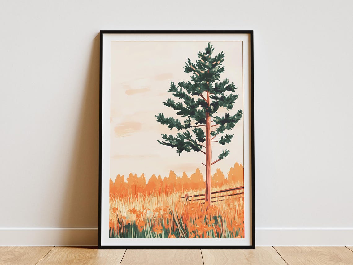 Lone Pine Tree In Orange Wildflower Field At Golden Hour Poster